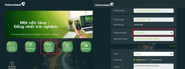 huyển tiền vào tài khoản chứng khoán VPS thông qua mã số tài khoản định danh 9611 tại BIDV
